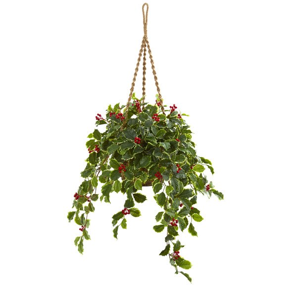 40 Variegated Holly with Berries Artificial Plant in Hanging Basket Real Touch - SKU #8520