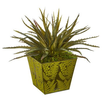 12 Aloe Succulent Artificial Plant in Green Tin Planter - SKU #8942