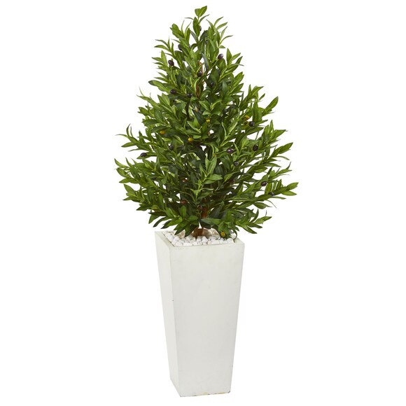 4 Olive Cone Topiary Artificial Tree in White Planter UV Resistant Indoor/Outdoor - SKU #9323