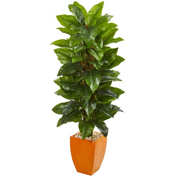 5.5 Large Leaf Philodendron Artificial Plant in Orange Planter Real Touch - SKU #9356