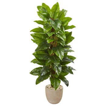 58 Large Leaf Philodendron Artificial Plant in Sand Stone Planter Real Touch - SKU #9358