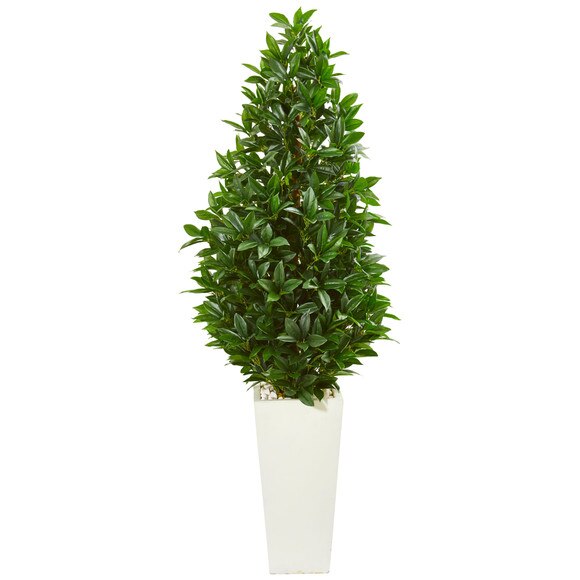 63 Bay Leaf Cone Topiary Artificial Tree in White Planter UV Resistant Indoor/Outdoor - SKU #9368