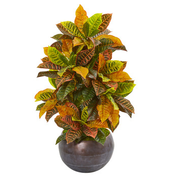 37 Croton Artificial Plant in Metal Bowl Real Touch - SKU #9493