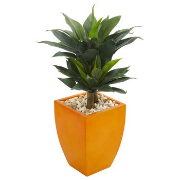 3 Double Agave Succulent Artificial Plant in Orange Planter - SKU #9518