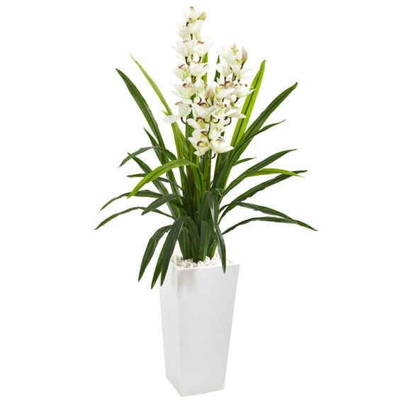 4.5 Cymbidium Orchid Artificial Plant in White Tower Planter - SKU #9640