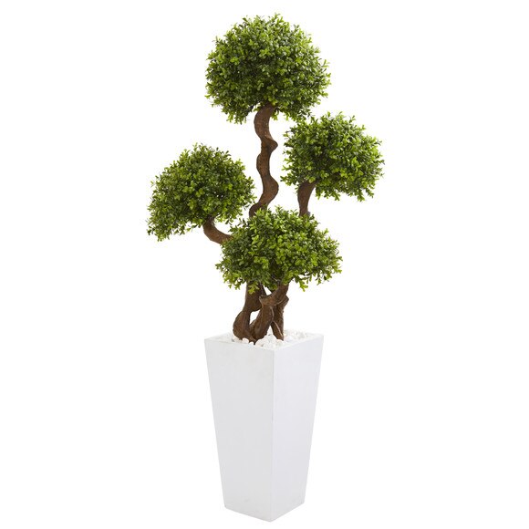 55 Four Ball Boxwood Artificial Topiary Tree in Tall White Planter - SKU #9712