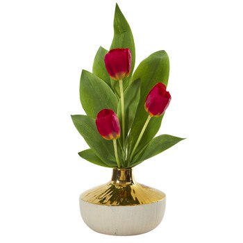 18 Tulip Artificial Arrangement in Gold and Cream Elegant Vase - SKU #A1157