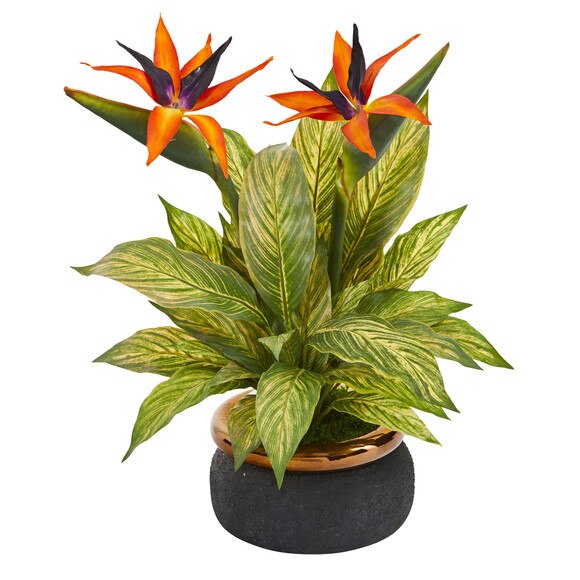 20 Bird of Paradise and Musa Leaf Artificial Arrangement in Stoneware Bowl - SKU #A1178