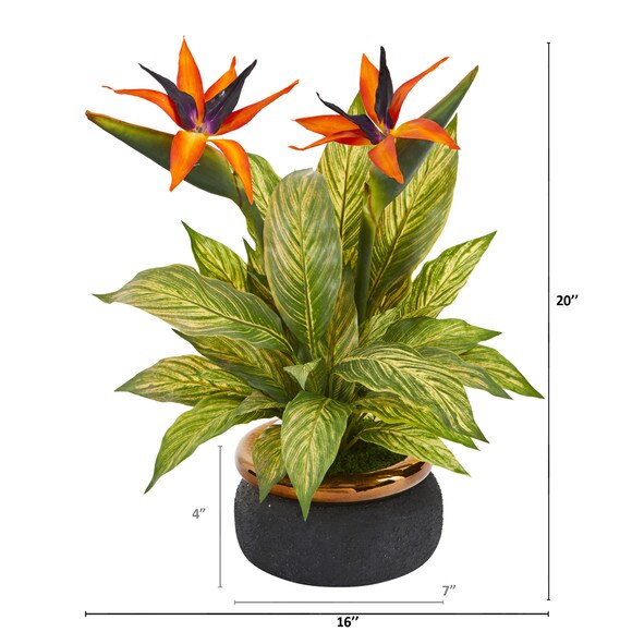 20 Bird of Paradise and Musa Leaf Artificial Arrangement in Stoneware Bowl - SKU #A1178 - 1
