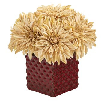 11 Dahlia Artificial Arrangement in Red Ceramic Cube - SKU #A1181-CR