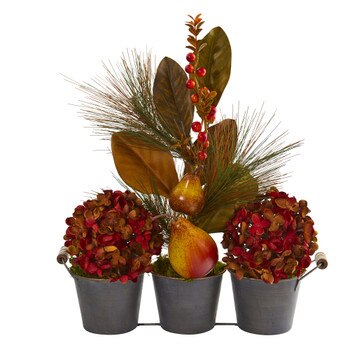 17 Fall Hydrangea Pears and Magnolia Leaf Artificial Arrangement in Trio Metal Vase - SKU #A1264