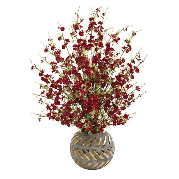 30 Cherry Blossom Artificial Arrangement in Stoneware Vase with Gold Trimming - SKU #A1301