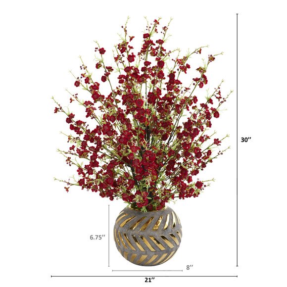 30 Cherry Blossom Artificial Arrangement in Stoneware Vase with Gold Trimming - SKU #A1301 - 1