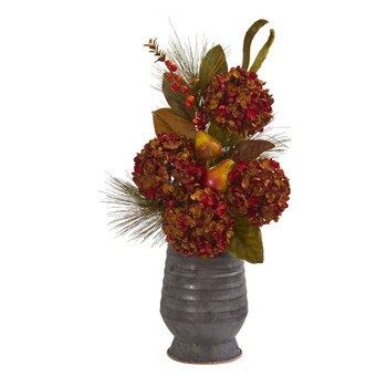 26 Hydrangea Pear and Magnolia Artificial Arrangement in Metal Vase - SKU #A1329