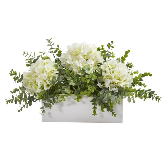 15 Hydrangea and Eucalyptus Artificial Arrangement in White Vase - SKU #A1381
