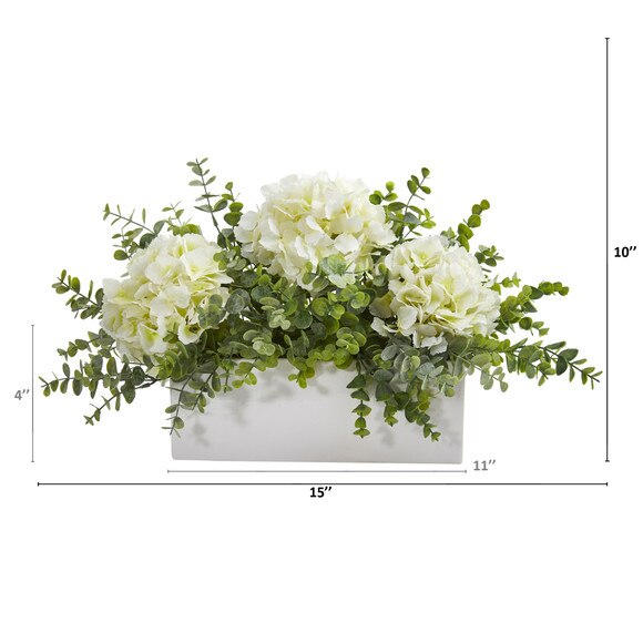 15 Hydrangea and Eucalyptus Artificial Arrangement in White Vase - SKU #A1381 - 1