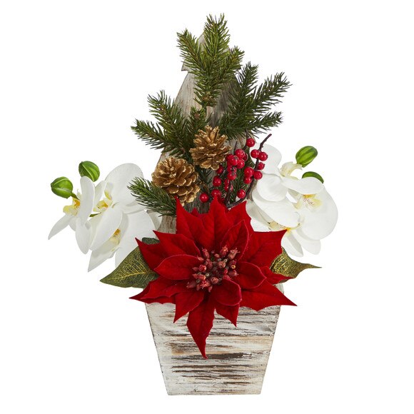 15 Poinsettia and Orchid Artificial Arrangement in Christmas Tree Vase - SKU #A1389
