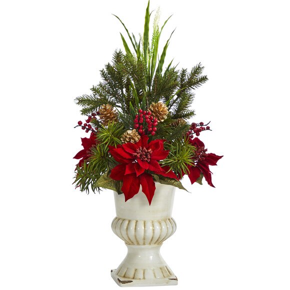 28 Poinsettia Grass and Succulent Artificial Arrangement in White Urn - SKU #A1392