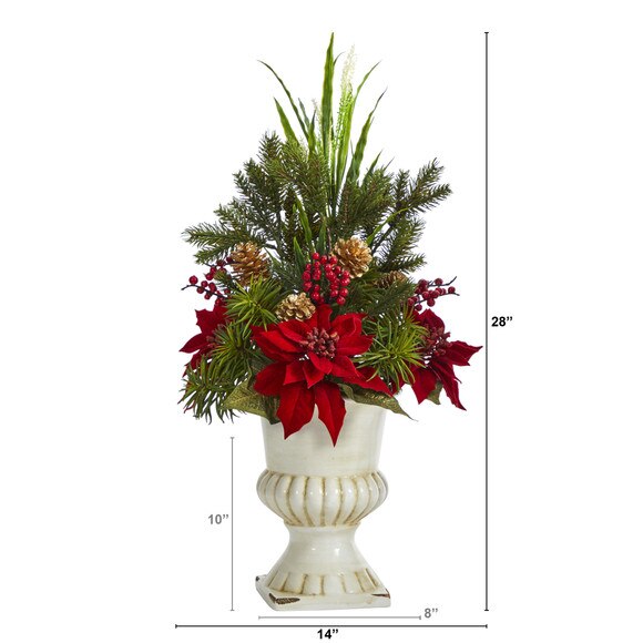 28 Poinsettia Grass and Succulent Artificial Arrangement in White Urn - SKU #A1392 - 1