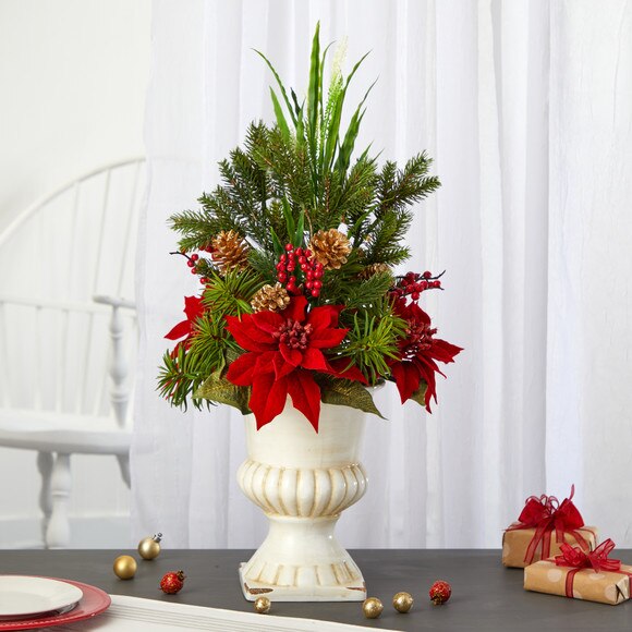 28 Poinsettia Grass and Succulent Artificial Arrangement in White Urn - SKU #A1392 - 2