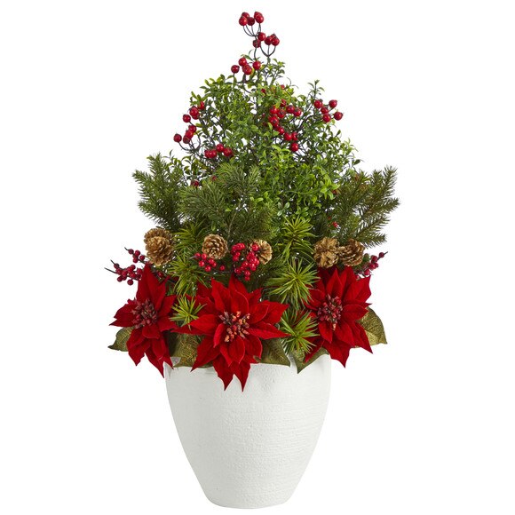 32 Poinsettia Boxwood and Succulent Artificial Arrangement in White Vase - SKU #A1397