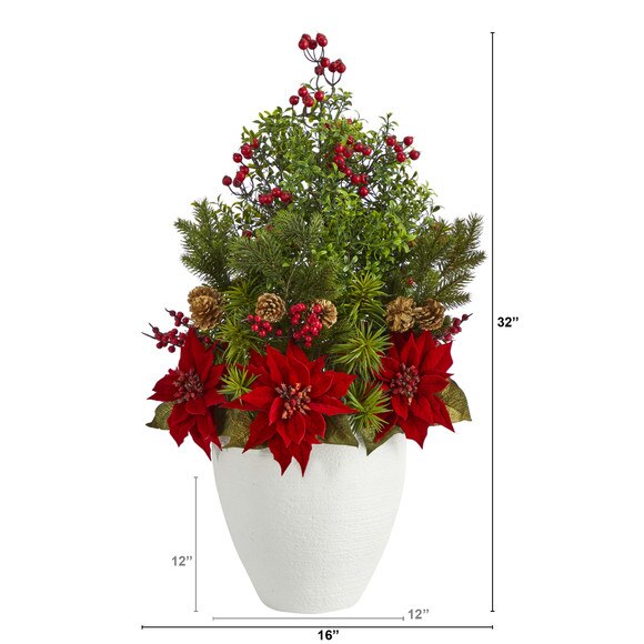 32 Poinsettia Boxwood and Succulent Artificial Arrangement in White Vase - SKU #A1397 - 1