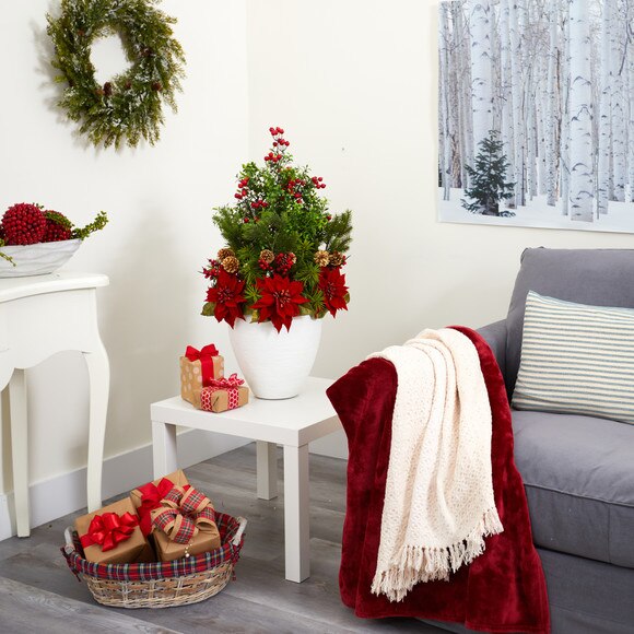 32 Poinsettia Boxwood and Succulent Artificial Arrangement in White Vase - SKU #A1397 - 2