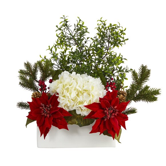 22 Poinsettia Hydrangea and Boxwood Artificial Arrangement in White Vase - SKU #A1406