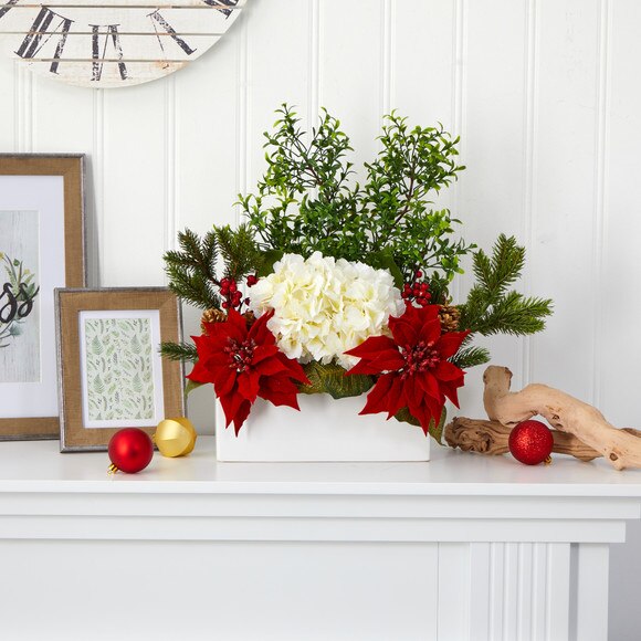 22 Poinsettia Hydrangea and Boxwood Artificial Arrangement in White Vase - SKU #A1406 - 2