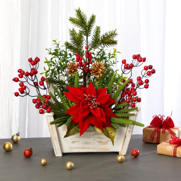 18 Poinsettia Succulent and Berry Artificial Arrangement in Bench Planter - SKU #A1410 - 3