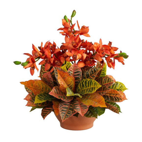 21 Cymbidium Orchid and Croton Artificial Arrangement in Terra Cotta Vase - SKU #A1413