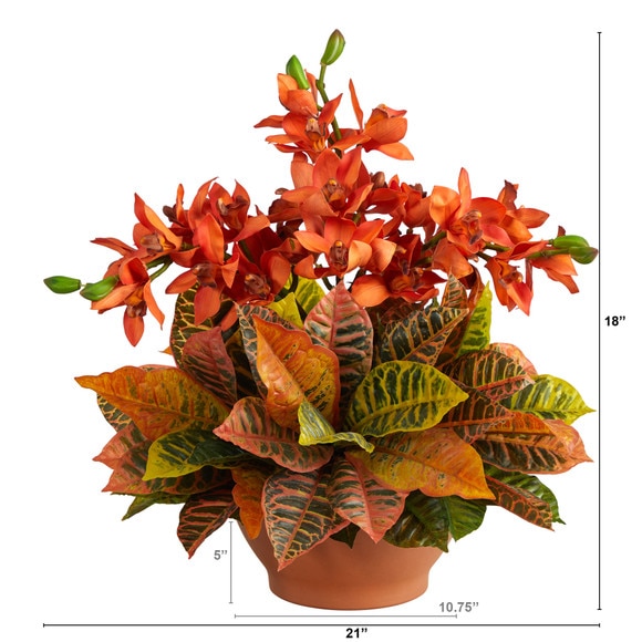 21 Cymbidium Orchid and Croton Artificial Arrangement in Terra Cotta Vase - SKU #A1413 - 1
