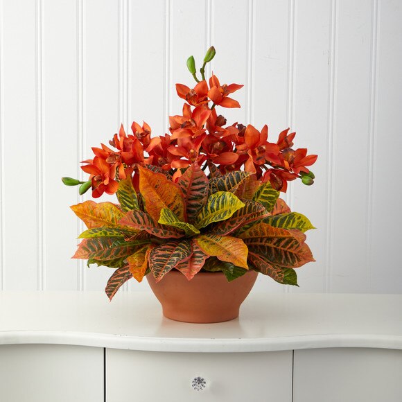 21 Cymbidium Orchid and Croton Artificial Arrangement in Terra Cotta Vase - SKU #A1413 - 2