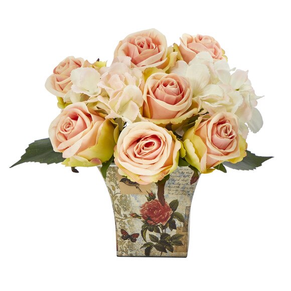 8 Rose and Hydrangea Bouquet Artificial Arrangement in Floral Vase - SKU #A1436