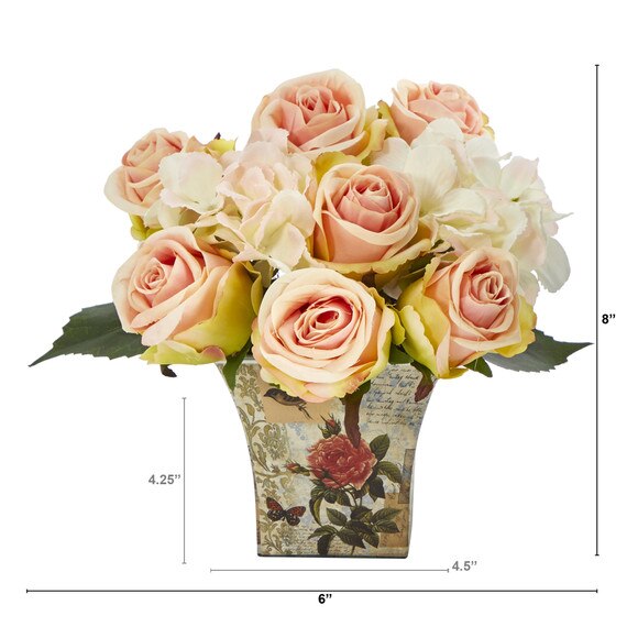 8 Rose and Hydrangea Bouquet Artificial Arrangement in Floral Vase - SKU #A1436 - 1