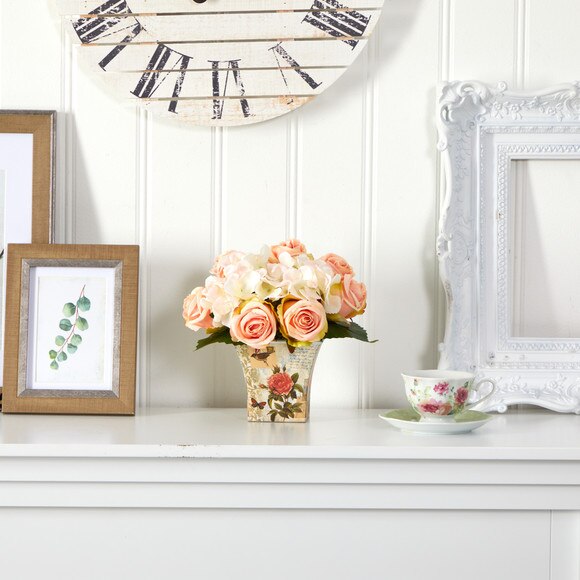 8 Rose and Hydrangea Bouquet Artificial Arrangement in Floral Vase - SKU #A1436 - 2