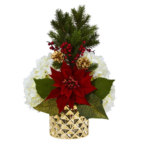 18 Hydrangea Poinsettia Berry and Pine Artificial Arrangement in Gold Vase - SKU #A1438
