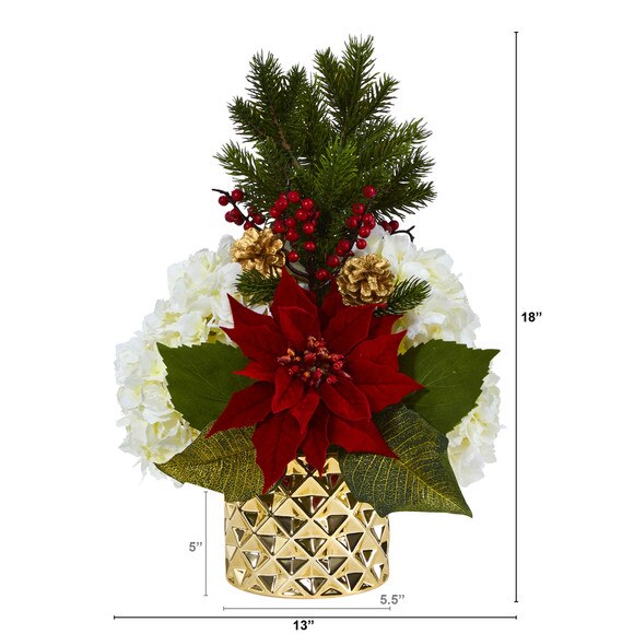 18 Hydrangea Poinsettia Berry and Pine Artificial Arrangement in Gold Vase - SKU #A1438 - 1