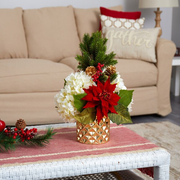 18 Hydrangea Poinsettia Berry and Pine Artificial Arrangement in Gold Vase - SKU #A1438 - 2