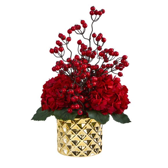 18 Hydrangea and Berries Artificial Arrangement in Gold Vase - SKU #A1440