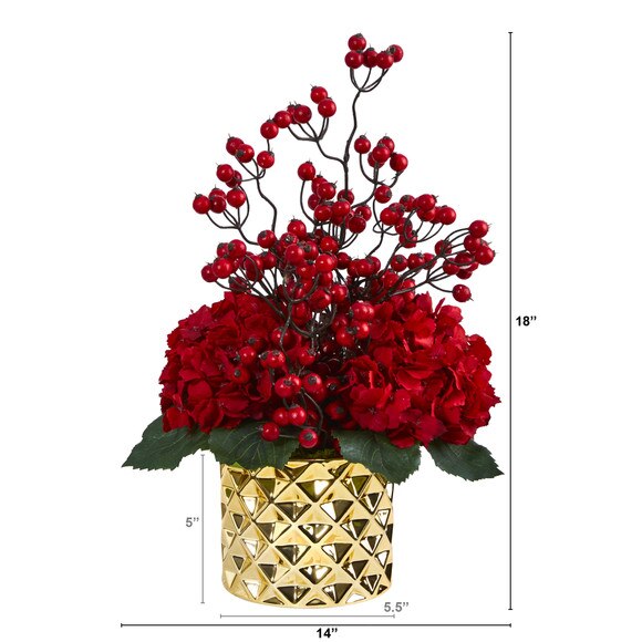 18 Hydrangea and Berries Artificial Arrangement in Gold Vase - SKU #A1440 - 1