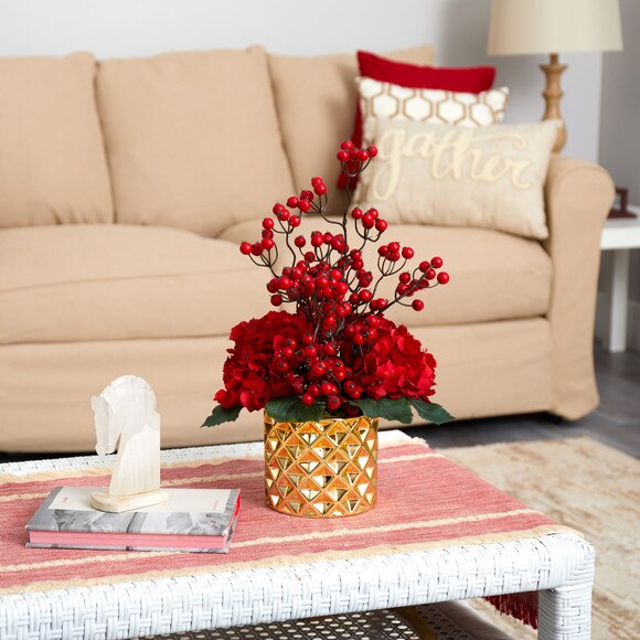 18 Hydrangea and Berries Artificial Arrangement in Gold Vase - SKU #A1440 - 2