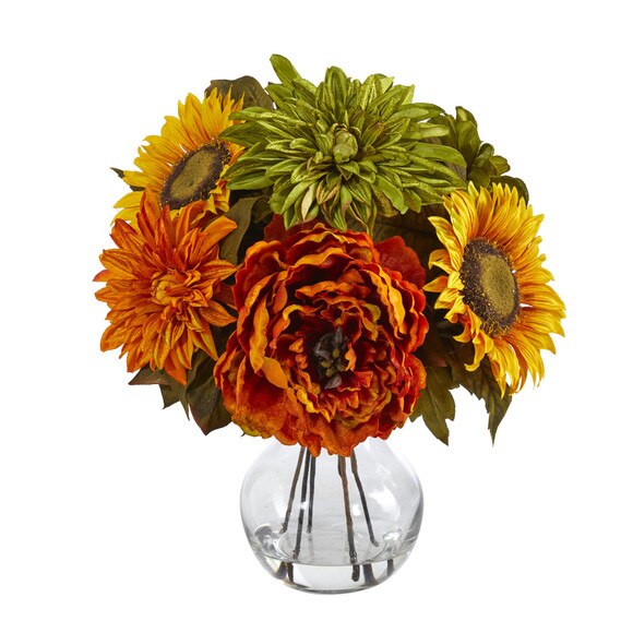 12 Peony Dahlia and Sunflower Artificial Arrangement in Glass Vase - SKU #A1460