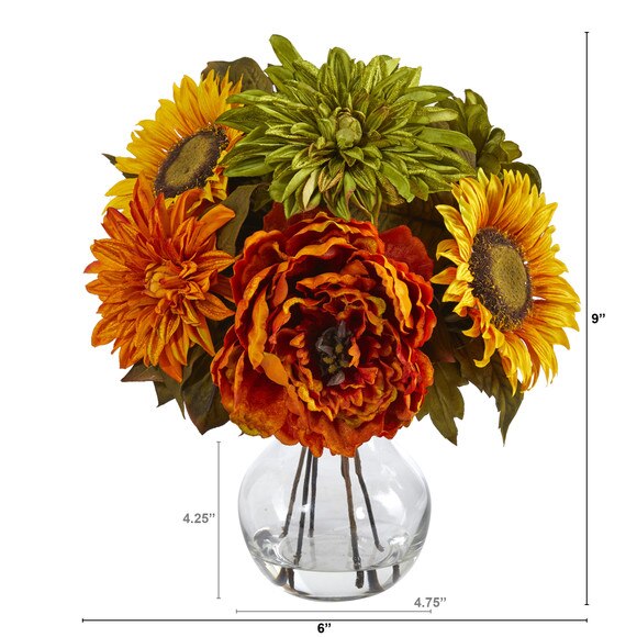 12 Peony Dahlia and Sunflower Artificial Arrangement in Glass Vase - SKU #A1460 - 1