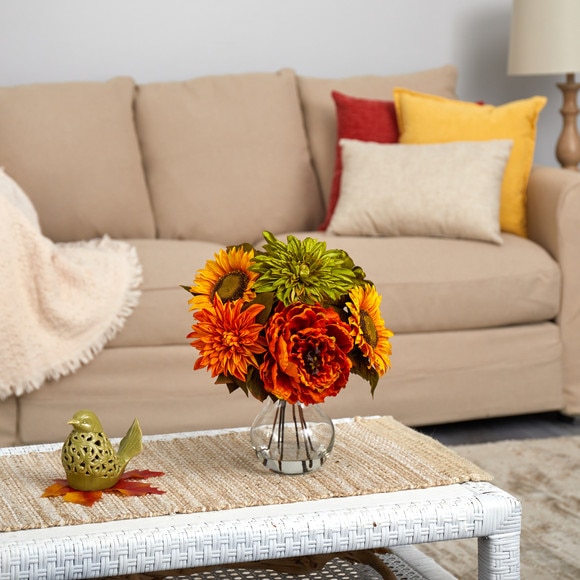 12 Peony Dahlia and Sunflower Artificial Arrangement in Glass Vase - SKU #A1460 - 2