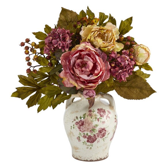 16 Peony Artificial Arrangement in Flower Print Jar - SKU #A1463
