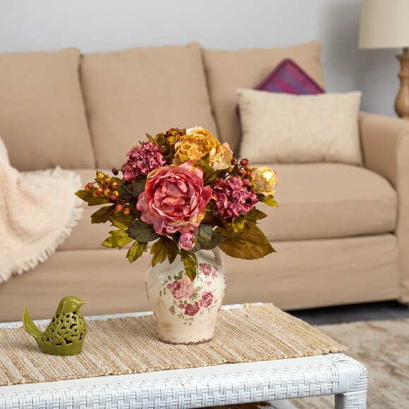 16 Peony Artificial Arrangement in Flower Print Jar - SKU #A1463 - 2