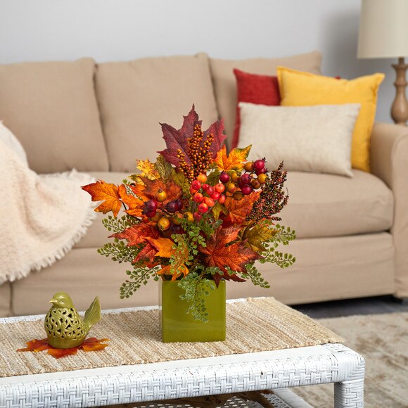 17 Maple Leaf Berries and Maiden Hair Artificial Arrangement in Green Vase - SKU #A1466 - 2