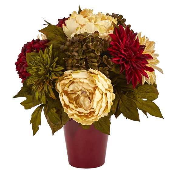 14 Peony Hydrangea and Dahlia Artificial Arrangement in Burgundy Vase - SKU #A1467