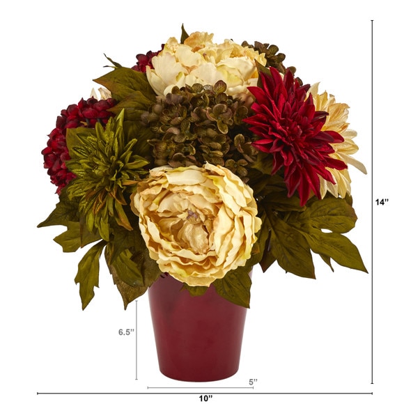 14 Peony Hydrangea and Dahlia Artificial Arrangement in Burgundy Vase - SKU #A1467 - 1